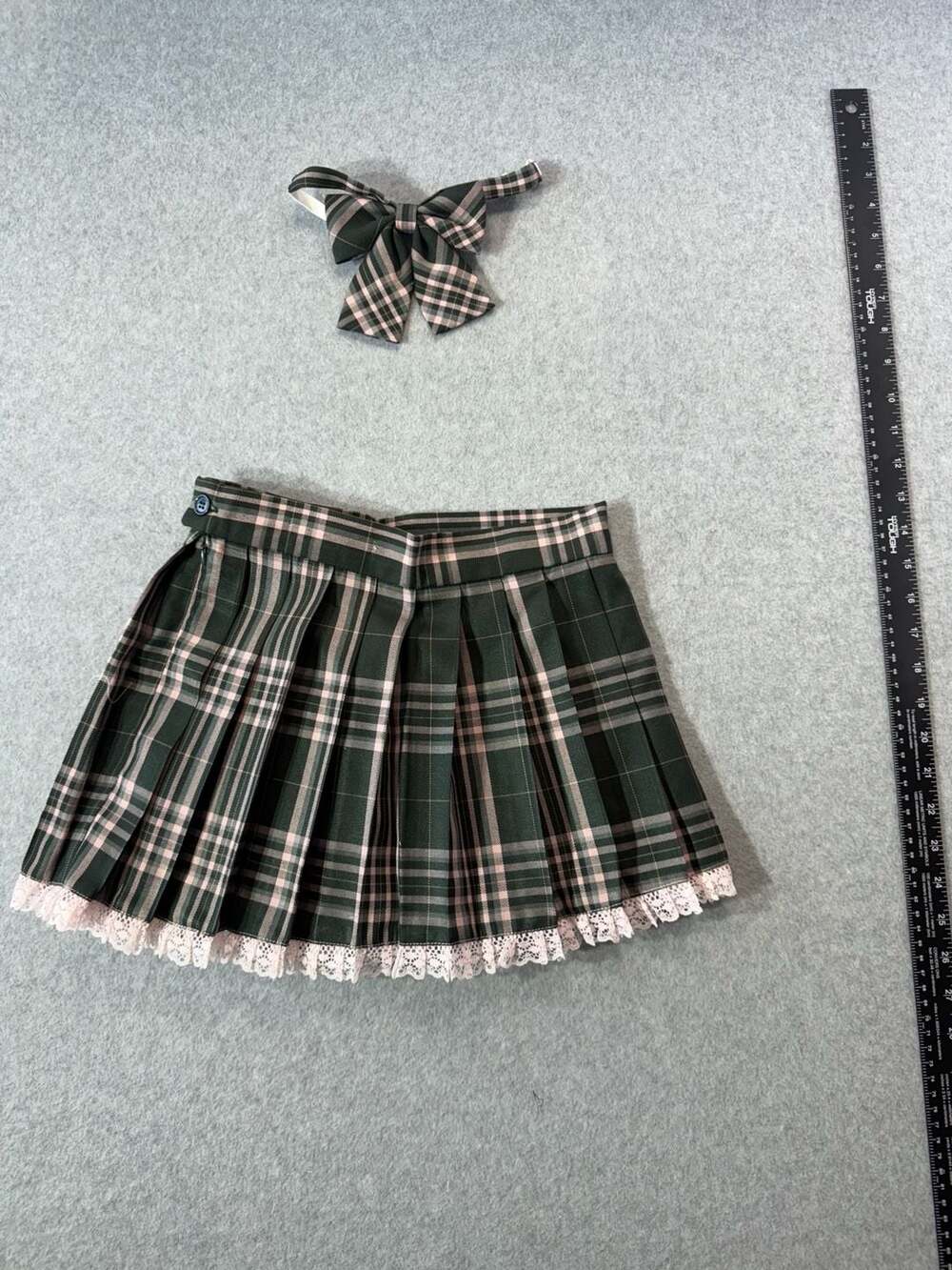 Academia Plaid Mini Skirt + Bow Tie (Dark Green)